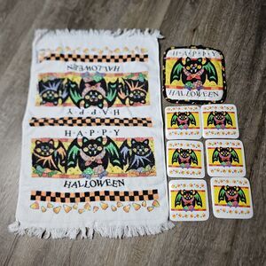 Vtg Halloween B&D Terry Cloth Kitchen Towel Pot Holder Coasters Bats Candy Corn